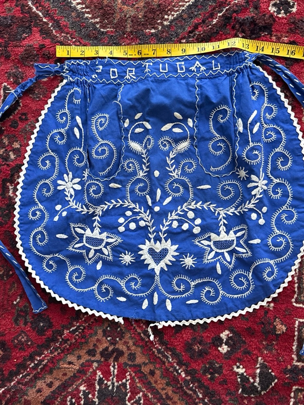 Vintage blue Portuguese hand, embroidered souvenir folk apron